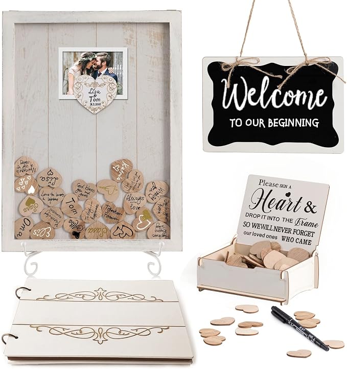 Y&K Homish Wedding Guest Book Set Alternative Rustic Wedding Decorations for Reception Wedding Signs (Creamy White, 11¾"X15¾ (80pcs Hearts & 1pc Book))