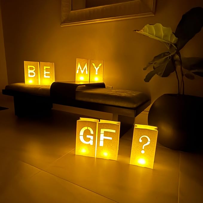WYMM Be My Girlfriend Light up Letters with 30 Tea Lights Candles and 2000 Red & Pink Rose Petals - Luminary Bags Heartfelt Surprise Romantic Decor Proposal Decorations and Be My Girlfriend Proposal