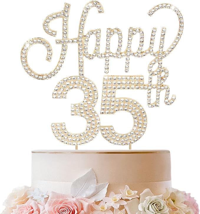 LINGTEER Happy 35th Birthday Gold Rhinestone Cake Topper - Cheers to 35th Birthday 35 Years Old Anniversary Party Cake Centerpieces Topper Decorations Gift Sign.