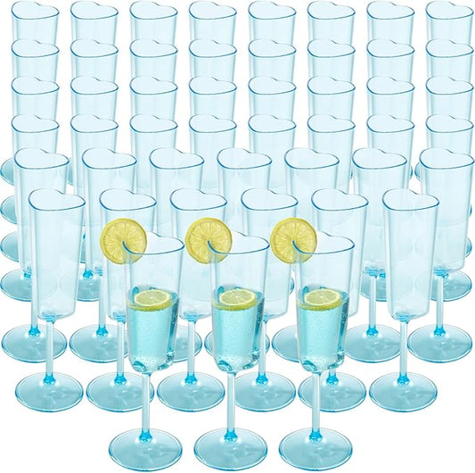 JLYLOL 48 PCS Heart Shaped Champagne Flutes, 5.5OZ Plastic Champagne Glasses, Unique Wedding Toasting Glasses, Elegant Stemmed Drinking Cups Plastic Goblets for Celebrations Anniversary Bride (Blue)