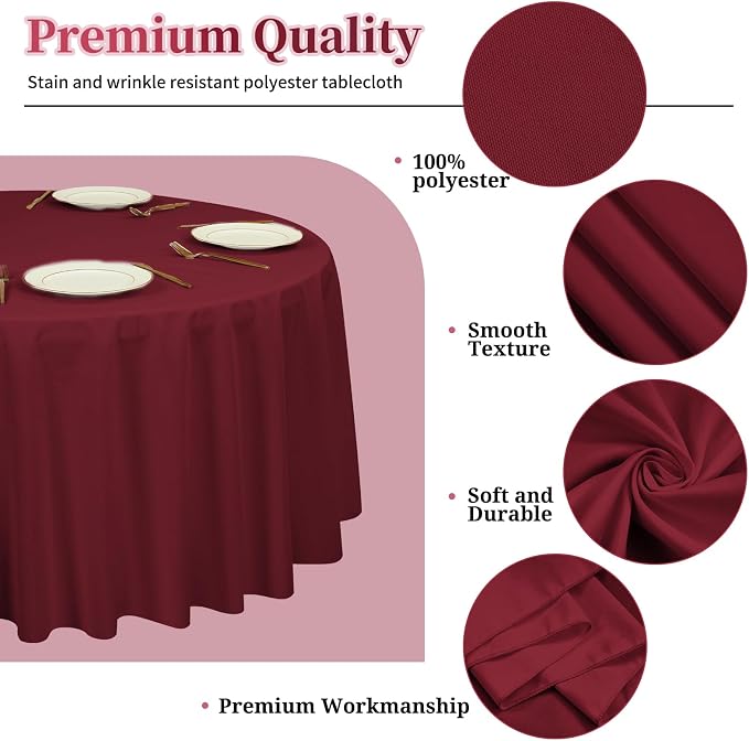 YMHPRIDE 12 Pack Round Tablecloth 90 inch Burgundy Table Cloths for Round Tables,Stain and Wrinkle Resistant Washable Polyester Tablecloths Burgundy Table Cloth 90 Round Table Cloth for Wedding Party