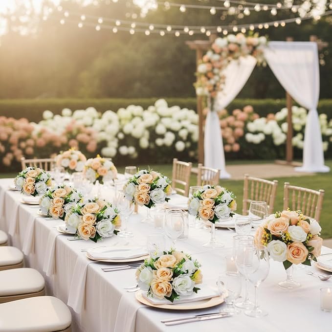 Artificial Flower Centerpieces for Tables - 6pcs of Rose Balls, Classic Kissing Floral Balls, Fake 15-head Plastic Roses with Base for Birthday Party Christmas Home Wedding Decor(Champagne White)
