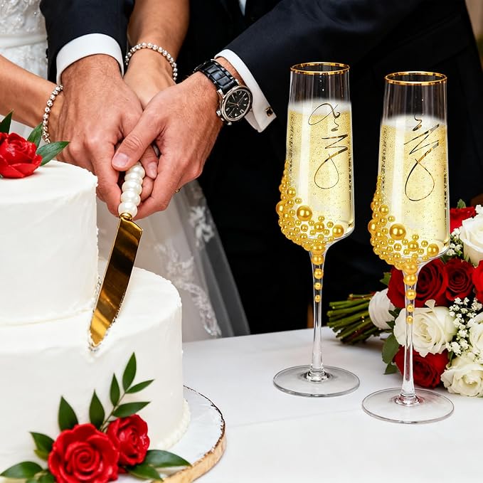 8 PCS Wedding Cake Knife and Champagne Flutes Server Set, Mr and Mrs Champagne Flutes with 2 Forks and Spoons, Bride and Groom Champagne Glasses for Wedding, Engaggement and Bridal Shower Gifts