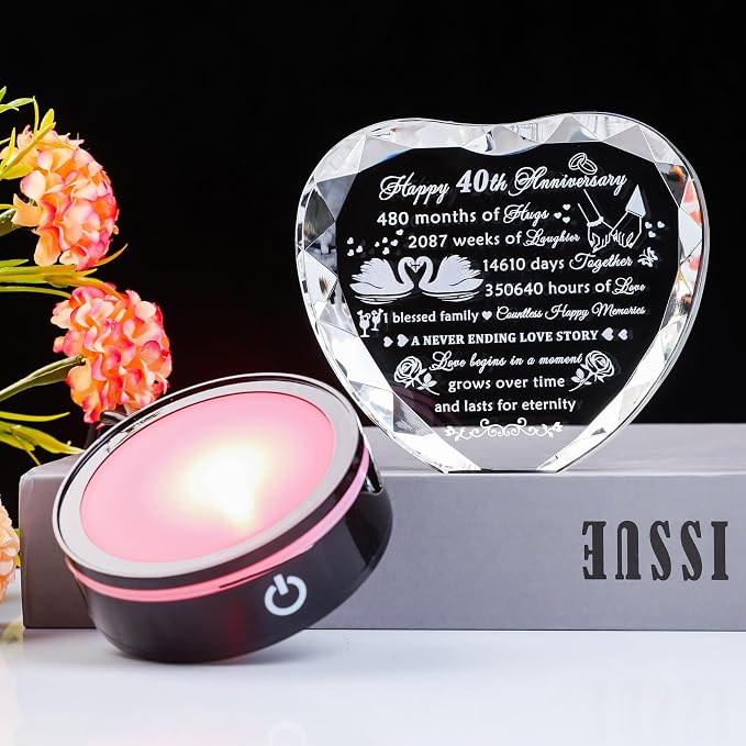YWHL 40th Anniversary Crystal Heart Gifts for Wife Husband, Laser Engraved Romantic 40 Year Wedding Anniversary Crystal Keepsake Gifts for Her Him, 40 Years of Marriage Gift for Couples Friends
