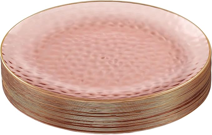 PLASTICPRO 30 Pack Hammered Plastic Plates Heavyweight Disposable Plastic Plates Elegant Clear Hammered Rim Platsic Party Dishes (Rose With Gold Rim, 7'' INCH PLATES)