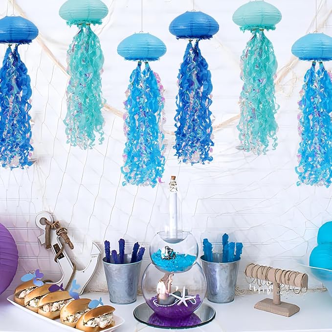 Mermaid Birthday Decorations, Jellyfish Paper Lanterns Hanging Jellyfish Decorations for Mermaid Baby Shower Under The Sea Blue Party Decorations Pack of 6 (Blue)