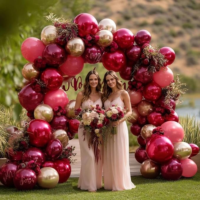 Burgundy Pink Balloon Arch Double Stuffed Maroon Gold Balloons Dark Red Pink Gold Balloon Garland Kit for Valentine Birthday Bridal Shower Wedding Party Decoration