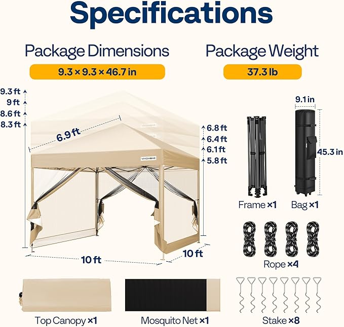 VIVOHOME 10x10ft Easy Pop-Up Canopy, Outdoor Screen Tent with Mosquito Netting, 2 Zipper Doors, and Roller Bag for Yard Camping Picnic Party Events, Beige