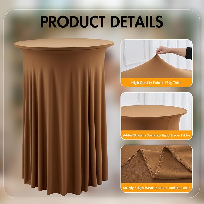 2 pk Brown Cocktail Table Cloth Round 32×43in-High Top Highboy Bar Coffee Cocktail Tablecloths-Wrinkle Free Stretchy Fitted Spandex Table Covers with Ruffle Desk Skirt for Wedding Banquet Party Tables