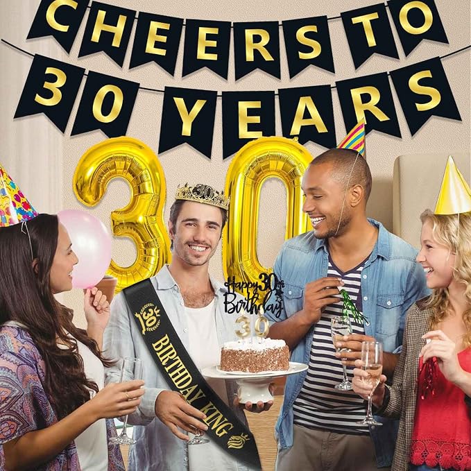 30th Birthday Gifts for Men, 30th Birthday Decorations for Men, Party Decor Supplies including King Crown & Sash & Banner & Balloons & Cake Topper & Candles