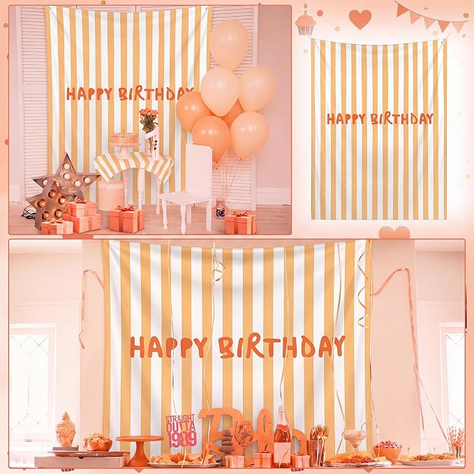 Flutesan 7x5ft Orange Stripe Happy Birthday Backdrop Large Banner Fabric Tapestry Birthday Party Decoration Baby Shower Linen Rustic Background Wall Photo Props Indoor Outdoor