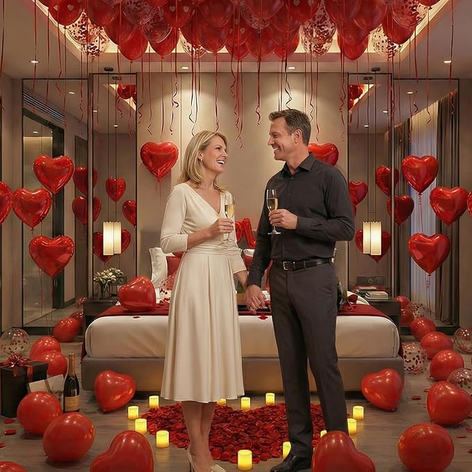 Valentine’s Day Decorations Set – Red Heart Balloon Kit with LOVE Foil, LED Candle Lights & Rose Petals, Romantic Room Decor for Proposal, Bedroom or Hotel