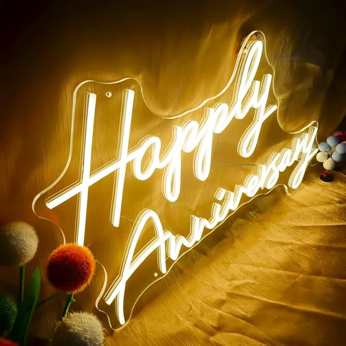 25X17" Large Happy Anniversary Neon Sign with Remote Dimmer, LED Celebratory Neon Lights Sign for Wedding Anniversary Party Wall Decor, Dimmable Light Up Sign for Livingroom, Bar, Shop, Warm White