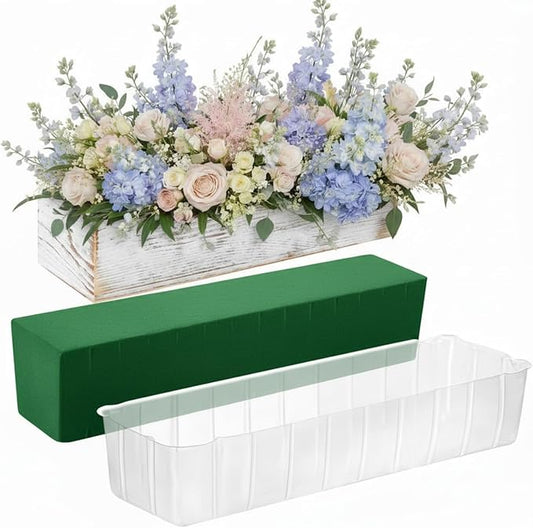 Dandat 1 Set Wood Boxes for Centerpieces 16x4 Inch Rectangle Wooden Planter Box Rustic Wooden Planters with Removable Plastic Liner Floral Foam Blocks for Christmas Wedding Home Garden Decor(White)