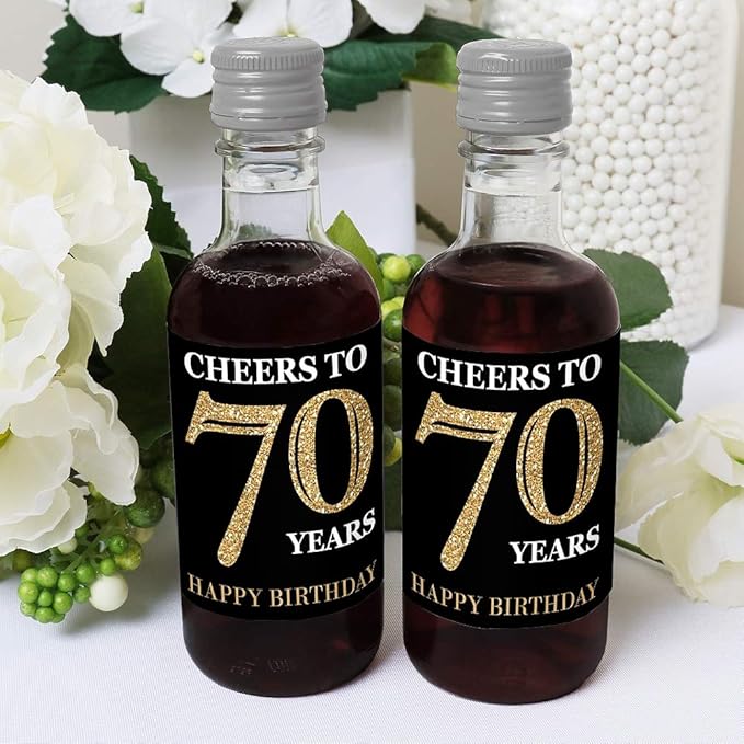 Big Dot of Happiness Adult 70th Birthday - Gold - Mini Wine and Champagne Bottle Label Stickers - Birthday Party Favor Gift for Women and Men - Set of 16