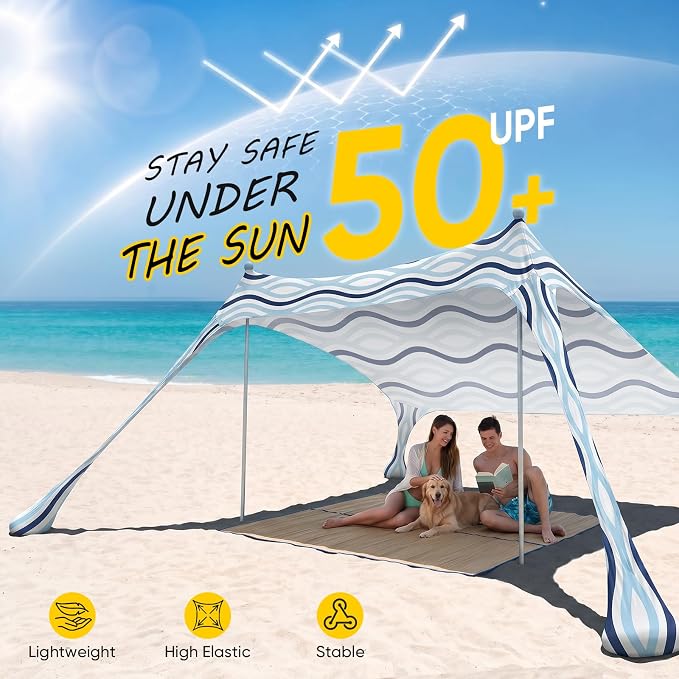 Sekey Aluminum Beach Shade Sun Shelter UPF 50+ - 6.5x6.5 FT Portable Beach Canopy with Windproof Rope & Stability Poles, Easy Setup Outdoor Tent for Camping, Backyard, Fishing, Picnics