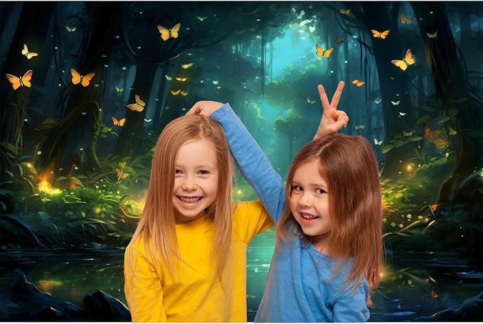 Fantasy Stream Backdrop Night Magical Forest Luminous Butterfly Stream Photography Background Rainforest Jungle Tree Natural Landscape Backdrop Decors Night Wonderland Background Props 15x8ft