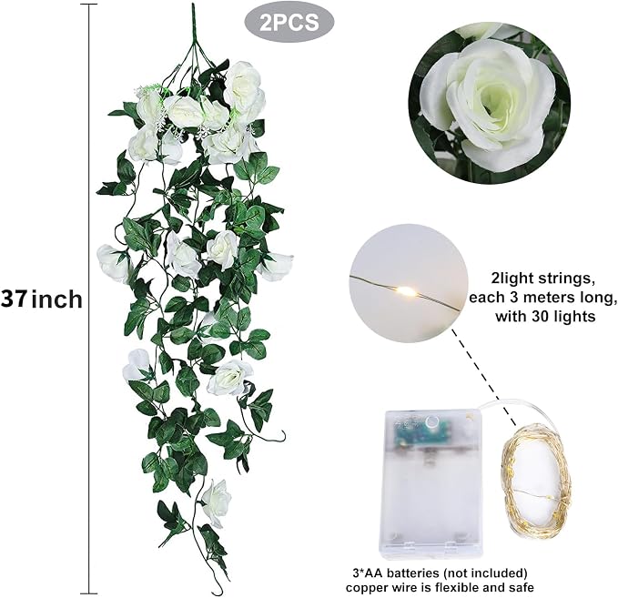 RECUTMS Artificial White Rose Hanging Flower Plants, 2PCS 37 Inch Fake Floral Ivy Garland with 30 LED Fairy String Lights for Outdoors Home Room Garden Wedding Memorial Day Bridal Shower Indoor Decor