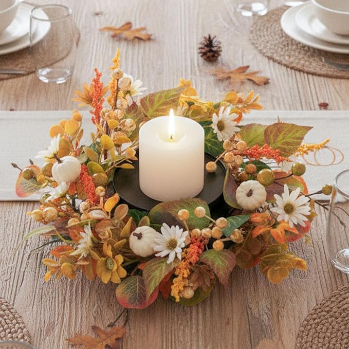 MOYEE Autumn Centerpieces for Tables Candle Ring, Black Metal Candlestick with an Artificial Wreaths 14 in Versatile Dining Table Centerpiece Decor (Pumpkin and Daisy Wreath)
