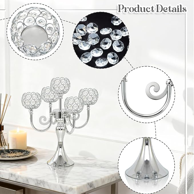 5 Arm Metal Crystal Candelabra Centerpiece - 13.4 Inch Elegant Candle Holder with Crystal Beads for Wedding Party Christmas Home Dining Table Decoration (4, Silver)