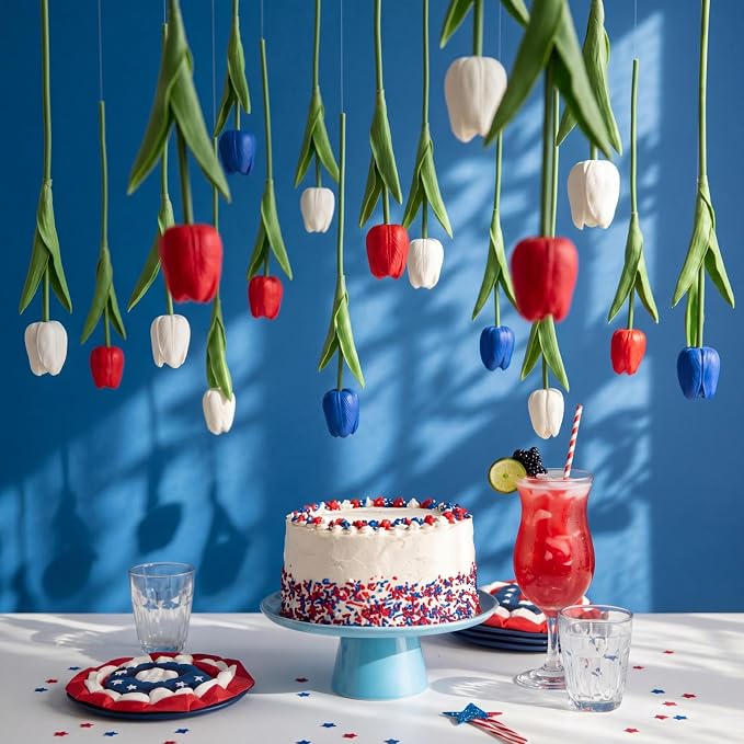 12 Pack Red White Blue 5 ft Artificial Hanging Tulips Garland, 4th of July Dangling Faux Tulip Wall Ceiling Patriotic Hanging Flower for Independence Day 250th Anniversary Home Party Decor