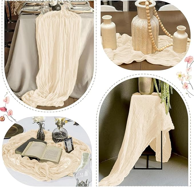 12 Pack Ivory Cheesecloth Table Runner 17 x 108 Inch Gauze Table Runner Fabric Semi Sheer Cheese Cloth Table Decor Bulk for Rustic Romantic Wedding Baby Shower Table Decoration