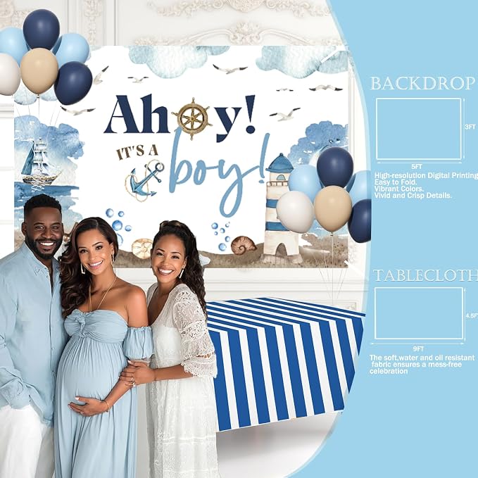 Party Inspo Ahoy It’s a Boy Baby Shower Decorations for Boy – 133 PCs Nautical Theme Party Supplies with Backdrop, Balloon Garland, Banner, Tablecloth, Poster, Cake Topper, Sash and Badges