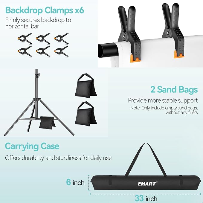 EMART Portable Photography Backdrop Stand Kit 8.5 x 10 ft with 10 x 12 ft White Backdrop, Adjustable Background Support System for Photo Video Studio, Photoshoot, Party, Live Game, Interviews
