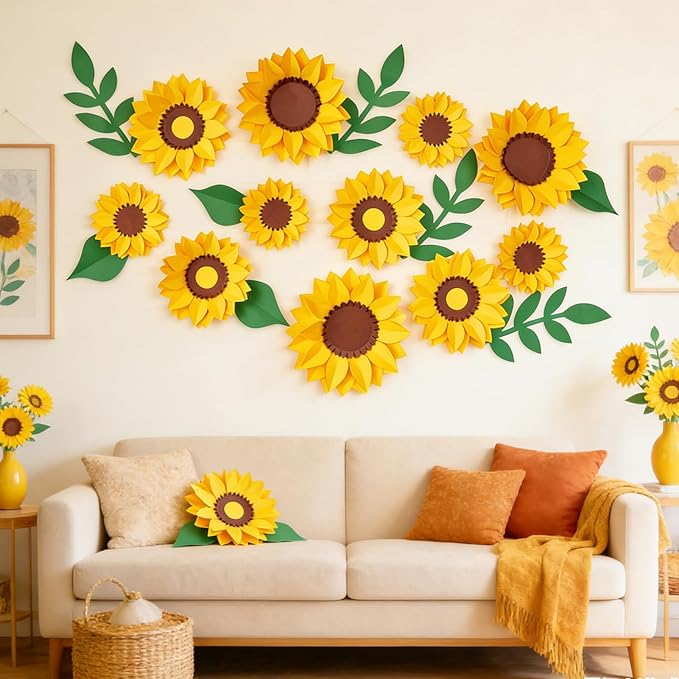 SUNBEAUTY Sunflower Paper Flower Decorations for Wall Giant Artificial Sunflowers Classroom Decor Spring Summer Bulletin Board Decoration Large 3D Paper Flowers Wall Decor for Wedding Baby Shower