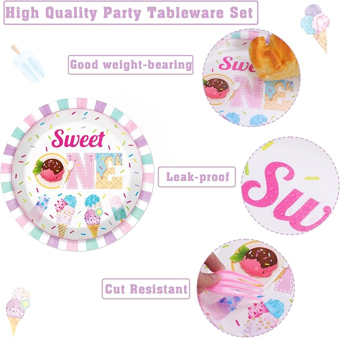 chiazllta 96Pcs Sweet One Ice Cream 1st Birthday Party Paper Plates and Napkins Supplies, Ice Cream First Birthday Tableware Decorations for Party Favors 24 Guests