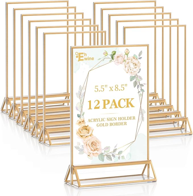 EHWINE 12 Pack Acrylic Sign Holder 5.5 x 8.5, Double Sided Gold Picture Frame Stand up Table Top Sign Holders, Clear Display Stand Menu Flyer Holder for Wedding Party