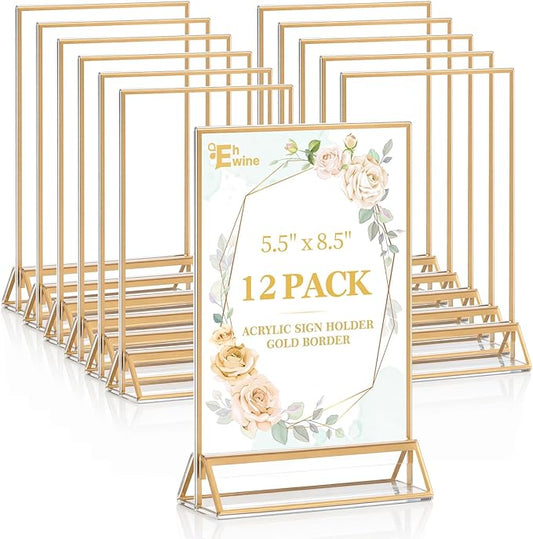 EHWINE 12 Pack Acrylic Sign Holder 5.5 x 8.5, Double Sided Gold Picture Frame Stand up Table Top Sign Holders, Clear Display Stand Menu Flyer Holder for Wedding Party