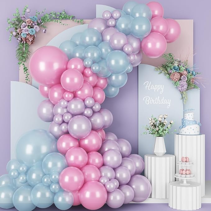 Pearl Pink Purple Blue Balloon Arch Kit, Pearl Pink Light Purple Blue Latex Balloon Garland, Different Sizes Iridescent Balloons for Wedding Mermaid Frozen Theme Baby Shower Birthday Party Decorations