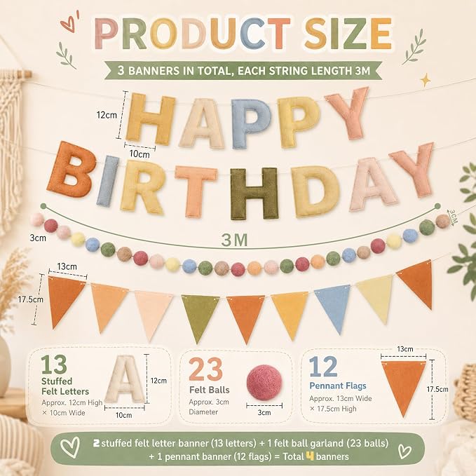 Pre-Strung Happy Birthday Banner Boho Reusable Felt Birthday Party Decorations 3D Effect HappyBirthday Sign with Felt Ball Garland, Pennant Flag for Men Women Boy Girls