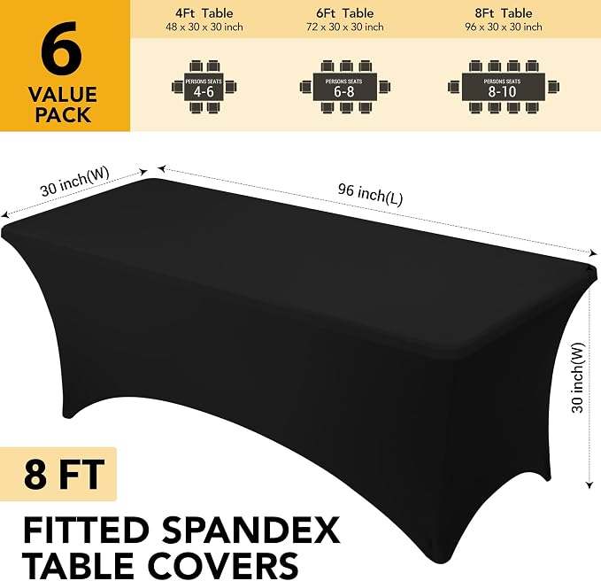 6-Pack Premium Black Spandex Tablecloths for 8ft Rectangle Tables, Stain & Wrinkle-Resistant, Washable Stretch Polyester Fitted Table Cover for Weddings, Banquets, Events, Parties