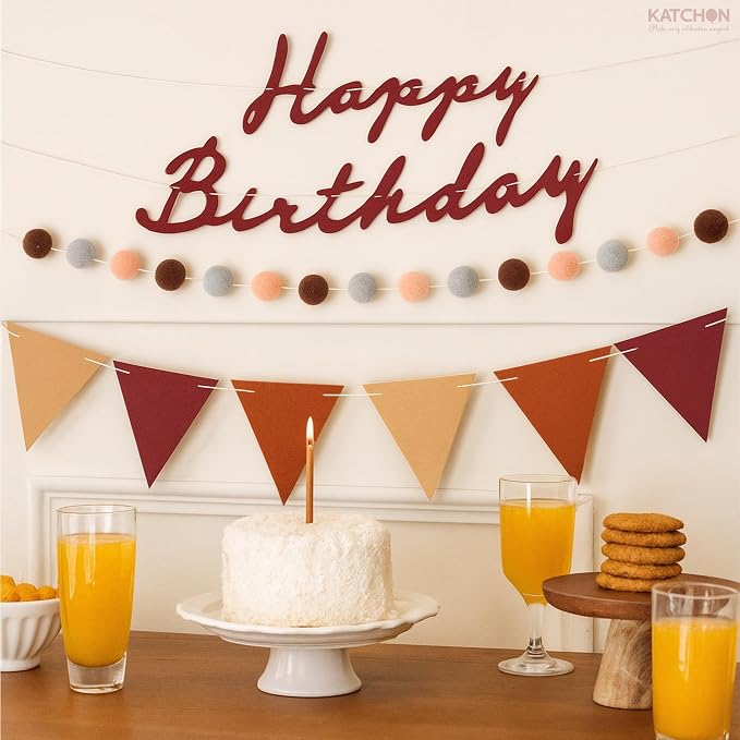 KatchOn, Burgundy Happy Birthday Banner Set – Pre Strung, 10 Ft | Triangle Flag Banner and Pom Pom Garland, Reusable | Burgundy Birthday Decorations for Women, Men | Boho Party Decorations