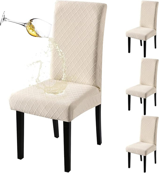 Fuloon Waterproof Dining Chair Covers, Parsons Chair Slipcover, Super Fit Stretch Kitchen Chairs Slipcovers, Removable Washable Chairs Seat Slipcover for Dining Room, Kitchen, Banquet (4 Pack, Beige)