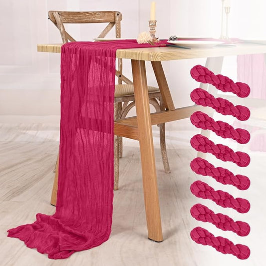 8 Pack Hot Pink Cheesecloth Table Runner 10FT Boho Gauze Cheese Cloth Table Runner Rustic Sheer Fabric Table Runners for Wedding Bridal Shower Baby Shower Party(21.5×120 Inch)