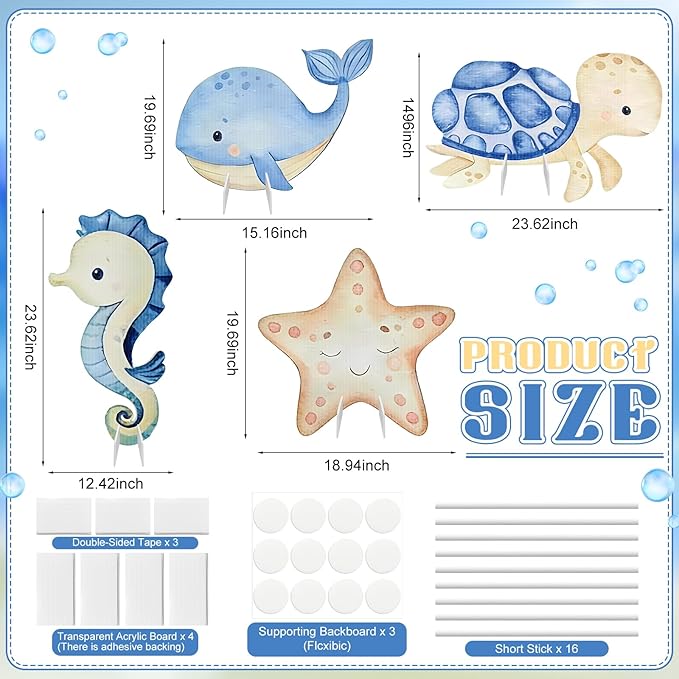 4 Pack Under The Sea Baby Shower Decorations 23 Inch Sea Animal Themed Party Cardboard Cutout Blue Turtle Seahorse Starfish Shell Stand-ups Ocean Theme Photo Booth Props(4 Pcs, Marine)