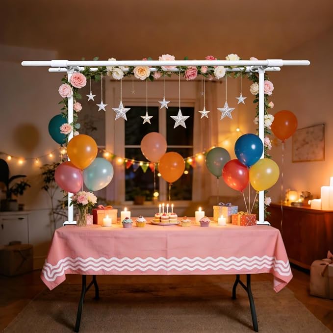 Beyeutao Over The Table Rod Stand with Clamps Adjustable Double Crossbar Table Arch Stand 16"-87" Length 16"-45" Height White Table Banner stand Garden Arbors Fit for Wedding Birthday Party Christmas Decoration