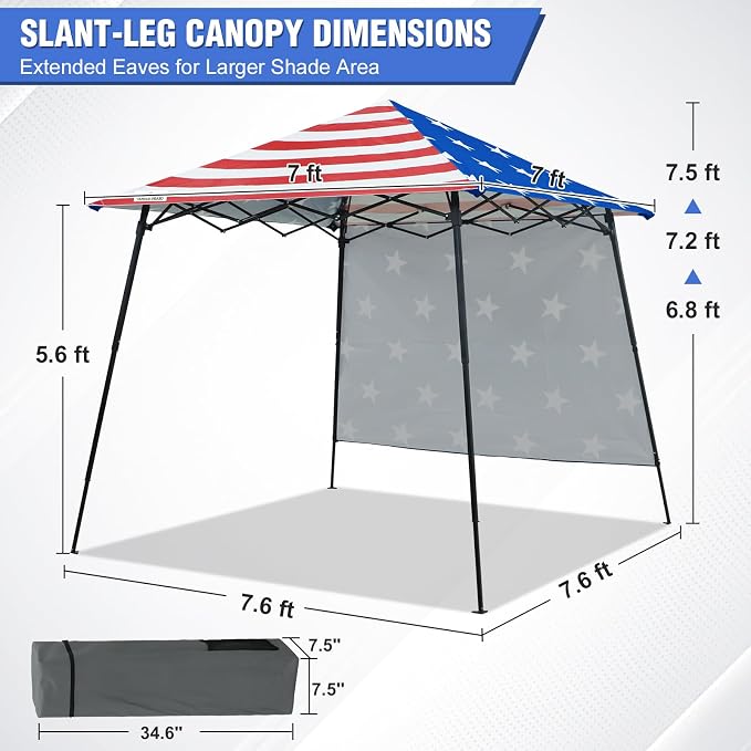 EAGLE PEAK 8x8 Pop Up Canopy Tent with Extended Eaves & Sidewall, Compact, Portable, Easy Setup Slant Leg Instant Shelter for Beach, Sports, & Camping, 8x8 Base 7x7 Top, American Flag
