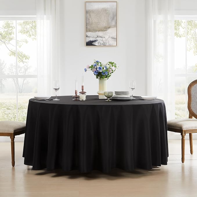 Round Tablecloth 120 Inch 1 Pack Black Tablecloths Washable Decorative Linen Polyester Table Clothes Cover for Dining Table Banquets Buffet Parties and Wedding