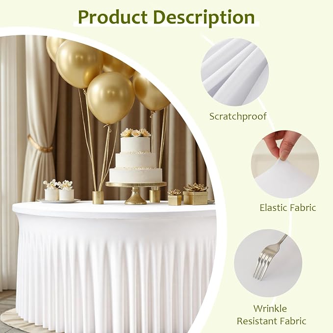12 Pack White Round Spandex Tablecloth for 72 inch Table, Wrinkle-Free Stretchy 6FT Fitted Round Table Cloths with Skirt, Banquet Wedding Party Birthday Dining Bridal Shower Table Covers