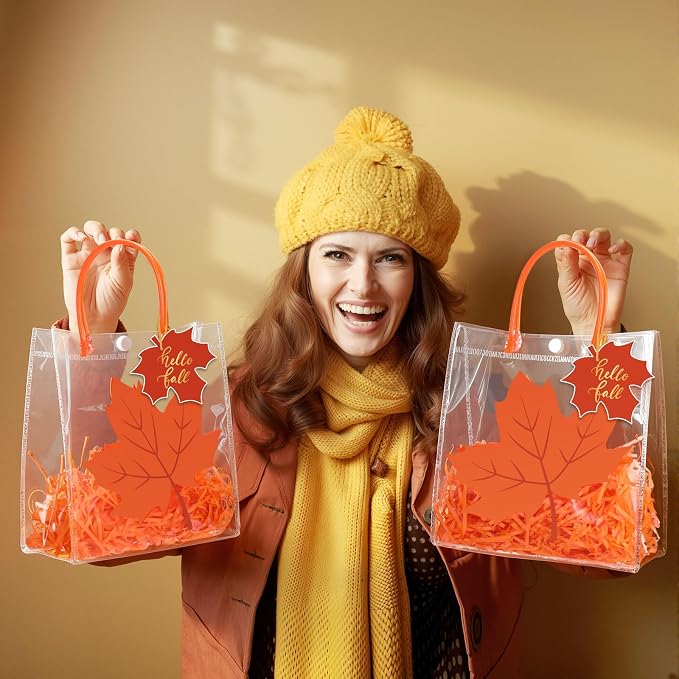 Hosuly 24 Pcs Thanksgiving PVC Gift Bags with Handles Button Reusable Clear Fall Maple Leaf Candy Treat Goodie Bags for Autumn Harvest Halloween Birthday Baby Shower Party Favors Supplies