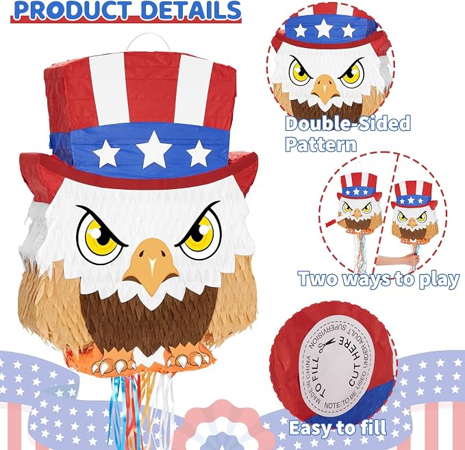 WERNNSAI 4th of July Piñata - Independence Day Piñata with Blindfold and Bat Fourth of July Theme Birthday Party Decorations American Flag Eagle for Kids Boys Bird Birthday Party Supplies