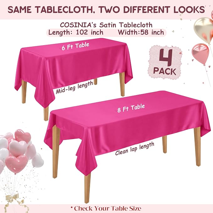4 Pack Gradient Pink Satin Tablecloth 58 x 102 Inches, Rectangular Satin Table Cloths for Wedding Reception, Birthday Party, Graduation & Holiday Banquet Tables