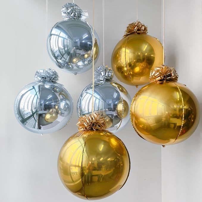 6 Pack 4D Gold and Silver Orb Balloons - 22 Inch Large Metallic Sphere Mylar Balloons with Pull Bows, Hanging Ceiling Ornaments for New Year, Birthday, Wedding, Anniversary Party Decorations