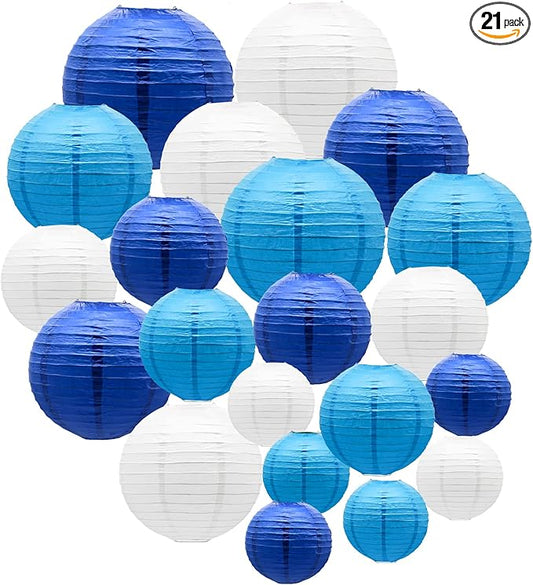 ADLKGG Blue Paper Lanterns Decorative, Hanging Round Paper Lantern Party Supplies for Anniversary Graduation Wedding Birthday Party Baby Shower Decorations Indoor Outdoor, 21pcs
