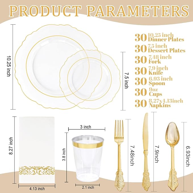 KIRE 210Pcs Clear and Gold Plastic Plates - Heavy Duty Clear Plates with Gold Rim - Disposable Dinnerware Sets of 60 Plastic Plate 90 Silverware 30 Cups 30 Napkins for Wedding/Mother's Day