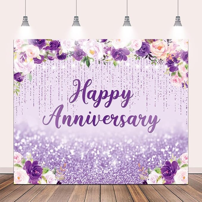 12x10ft Happy Anniversary Backdrop, Floral Glitter Backdrop for Women Wedding Anniversary Decoration Violet and Pink Flowers Photography Background Cake Table Banner Party Decor